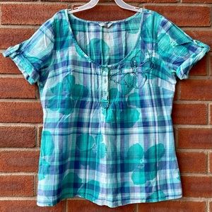 Per Una (M&S) Teal Blue 100 % Cotton Plaid Blouse